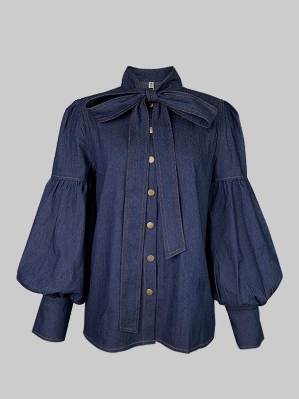 Long Sleeves Puff Sleeves Bow-Embellished Buttoned Split-Joint Tied High Neck Blouses&Shirts Tops Product Image