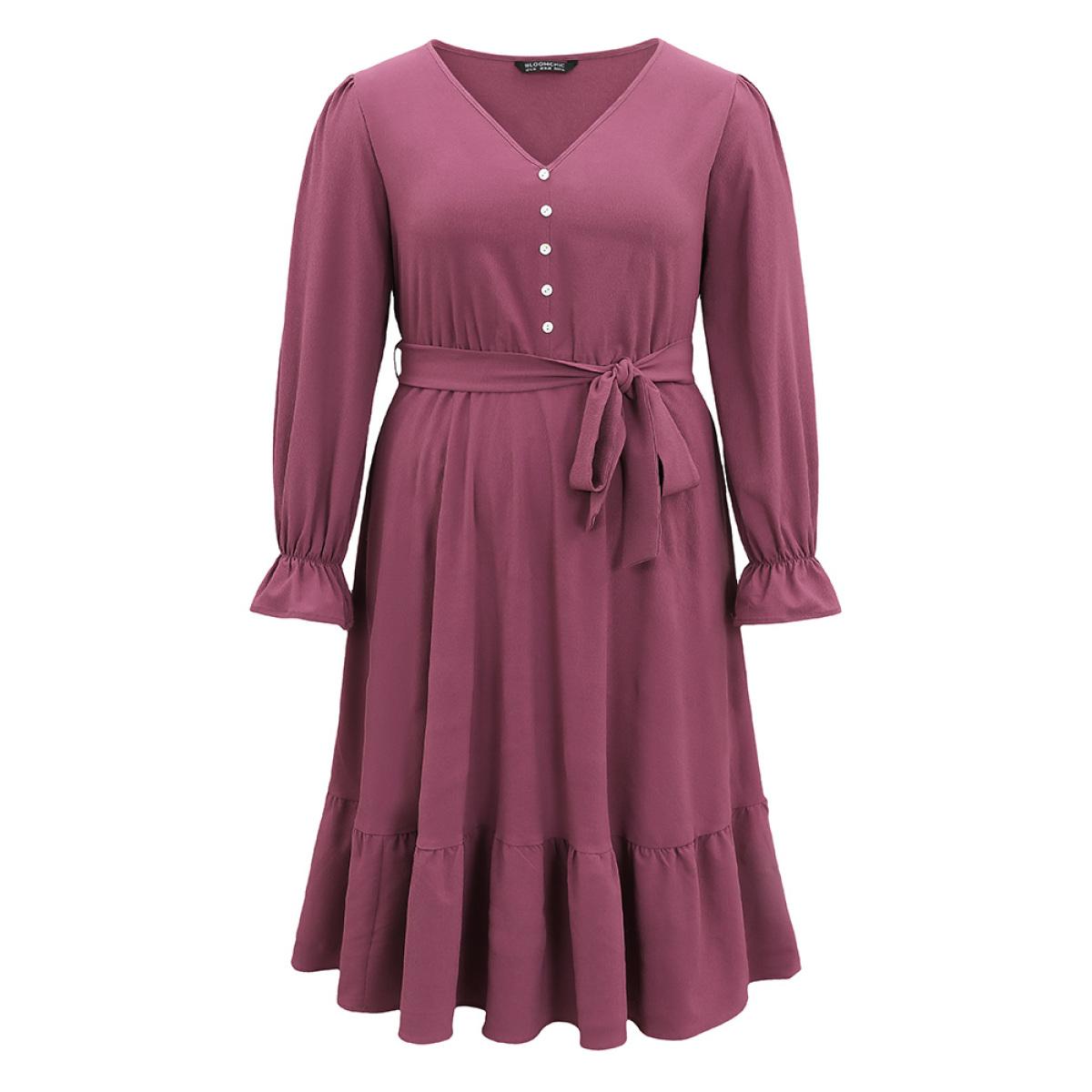 Plus Size Button Detail Belted Ruffle Layered Hem Dress Mauve Women Work From Home Plain V-neck Long Sleeve Curvy Midi Dress BloomChic 28/5X Product Image