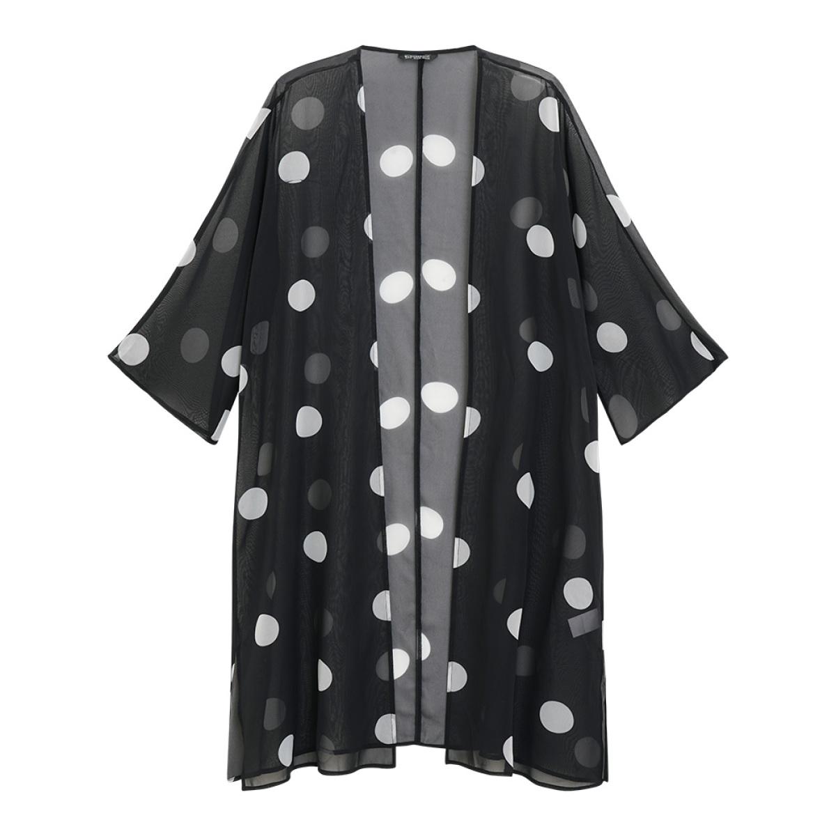 Plus Size Polka Dot Mesh Drape Open Front Kimono Women Black Casual Drape Loose Dailywear Kimonos BloomChic 26/4X Product Image