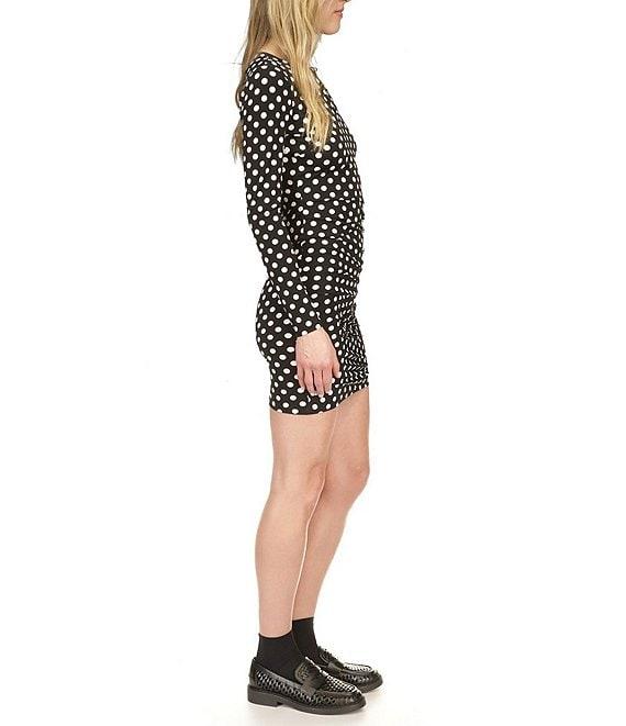 Michael Kors Polka Dot Matte Jersey Keyhole Crew Neck Long Sleeve Bodycon Mini Dress Product Image