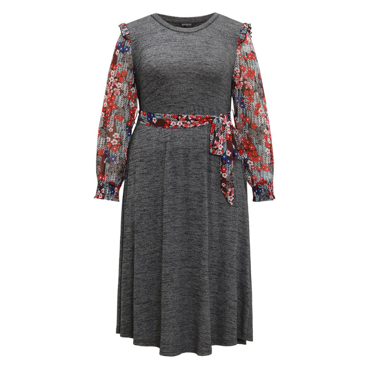 Plus Size Ditsy Floral Patchwork Ruffle Trim Belted Dress DimGray Women Casual Belted Round Neck Long Sleeve Curvy Midi Dress BloomChic 28/5X Product Image