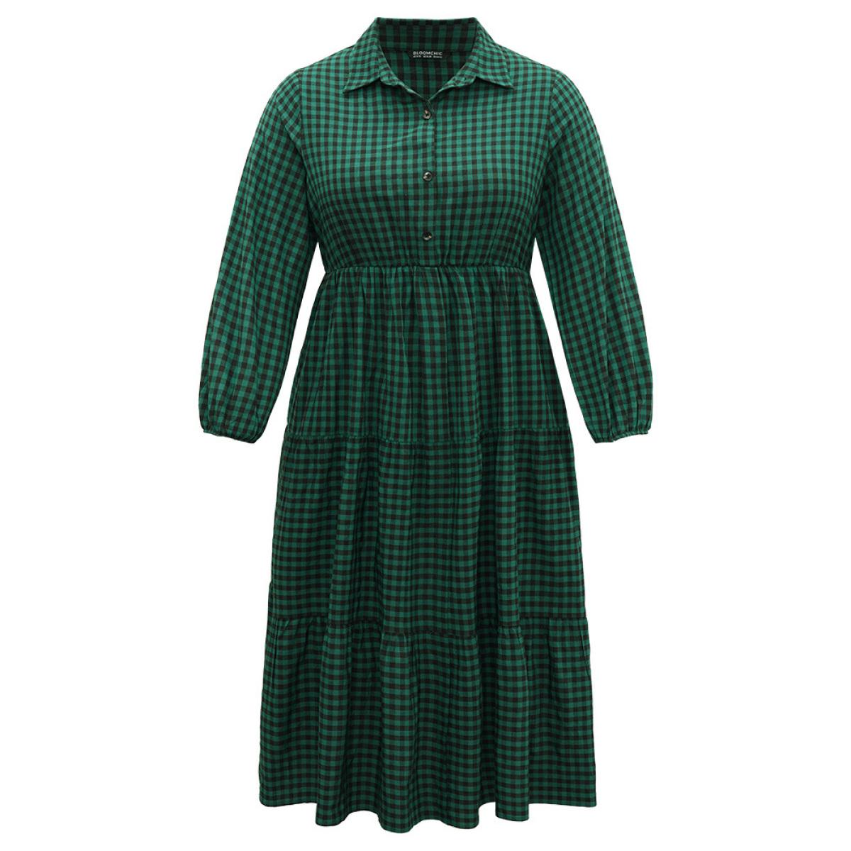 Plus Size Gingham Pocket Button Up Elastic Waist Dress DarkGreen Women Casual Elastic cuffs Shirt collar Long Sleeve Curvy Midi Dress BloomChic 22-24/3X Product Image