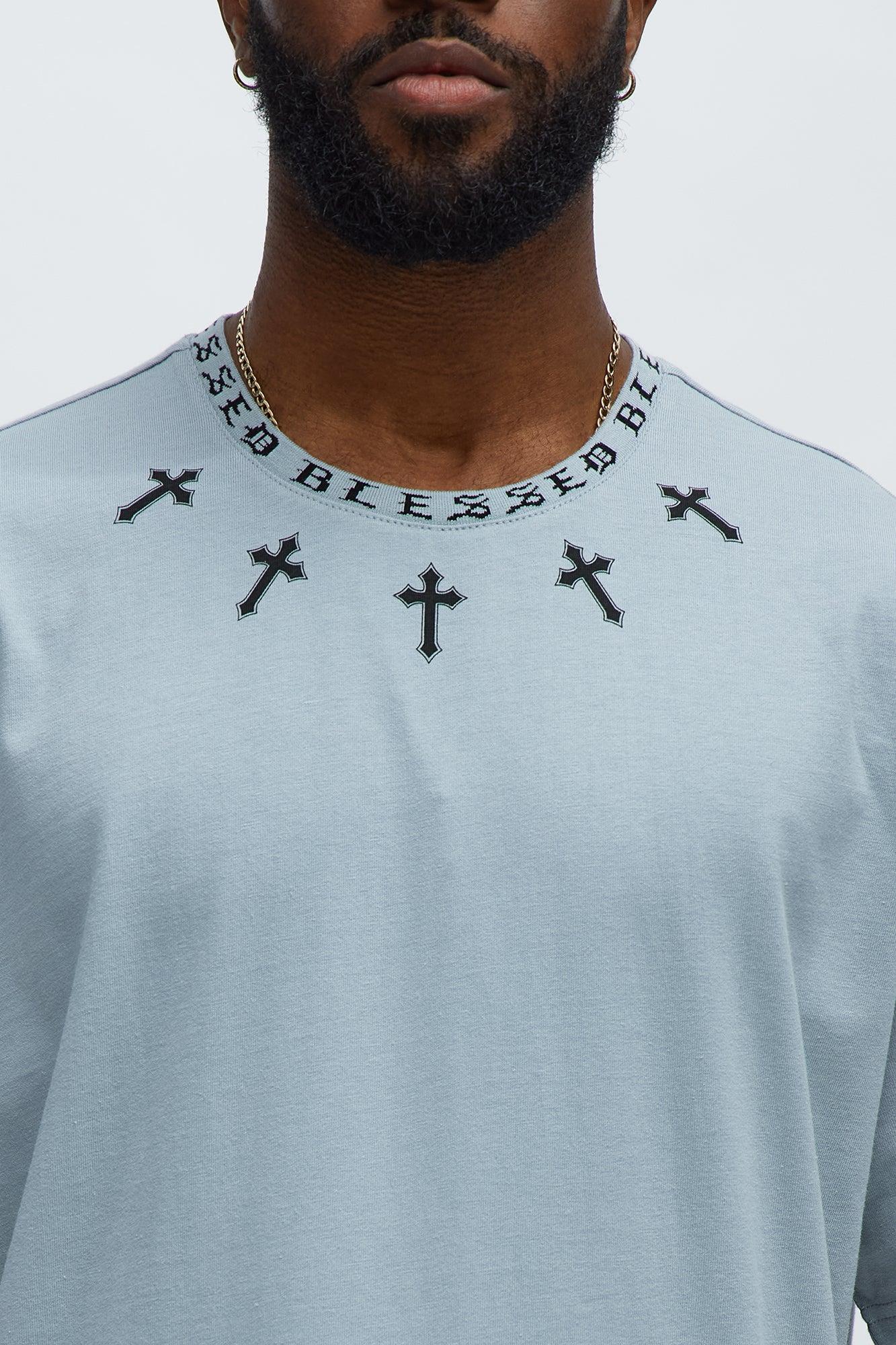 Short Sleeve Blessed Graphic Collar Tee - Grey Male Product Image