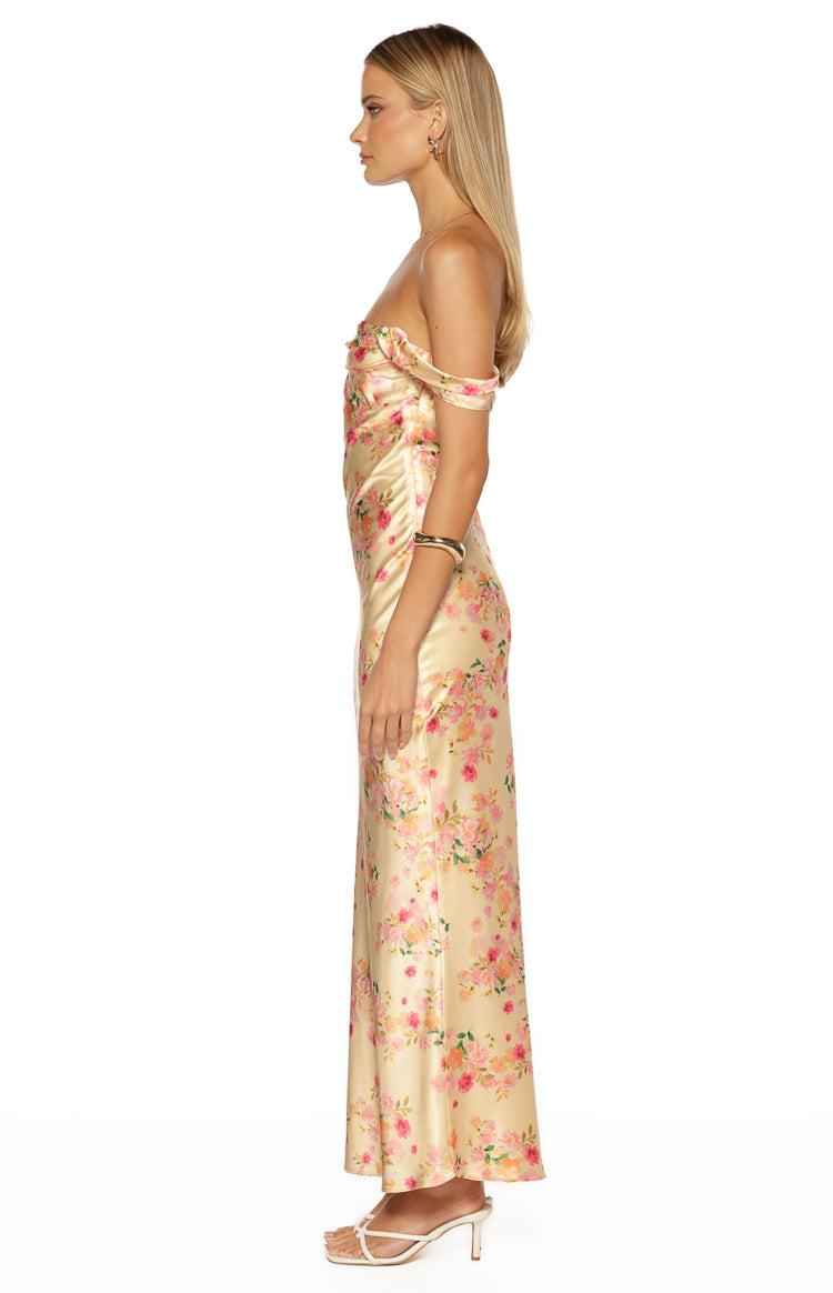 Ella Yellow Bloom Satin Maxi Dress Product Image