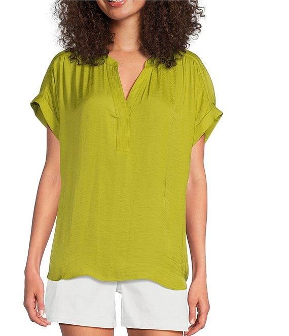 Gibson & Latimer Moonshadow Satin Split Round Neck Dropped Short Roll Tab Sleeve Hi-Low Shirttail Blouse Product Image