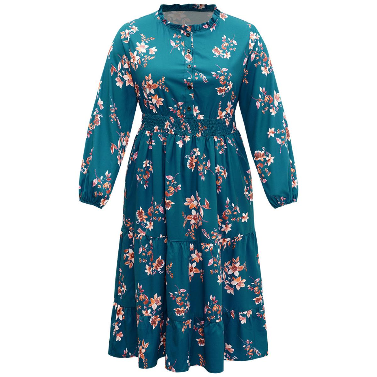 Plus Size Floral Shirred Button Up Frill Trim Dress Aegean Women At the Office Elastic cuffs Stand-up collar Long Sleeve Curvy Midi Dress BloomChic 30/6X Product Image