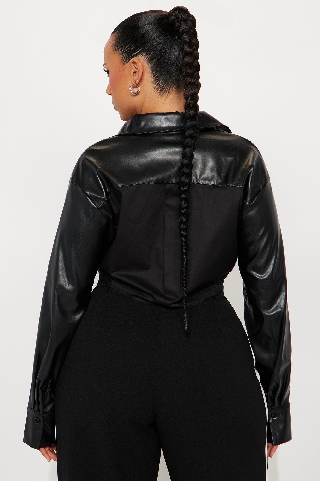 Hey Way Poplin Contrast Faux Leather Shirt - Black Female Product Image