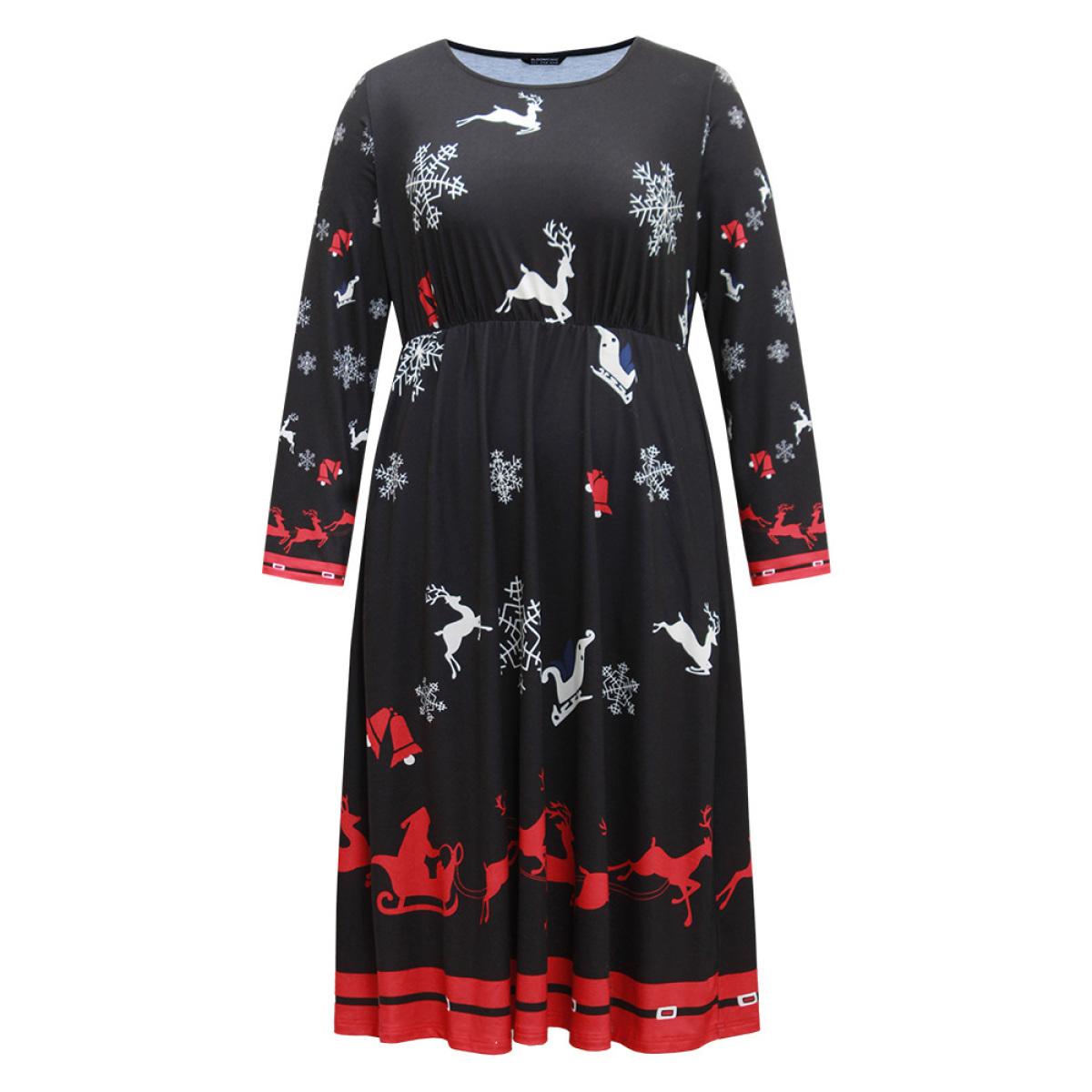Plus Size Christmas Elk Print Contrast Elastic Waist Dress Black Women Office Printed Round Neck Long Sleeve Curvy Midi Dress BloomChic 26/4X Product Image
