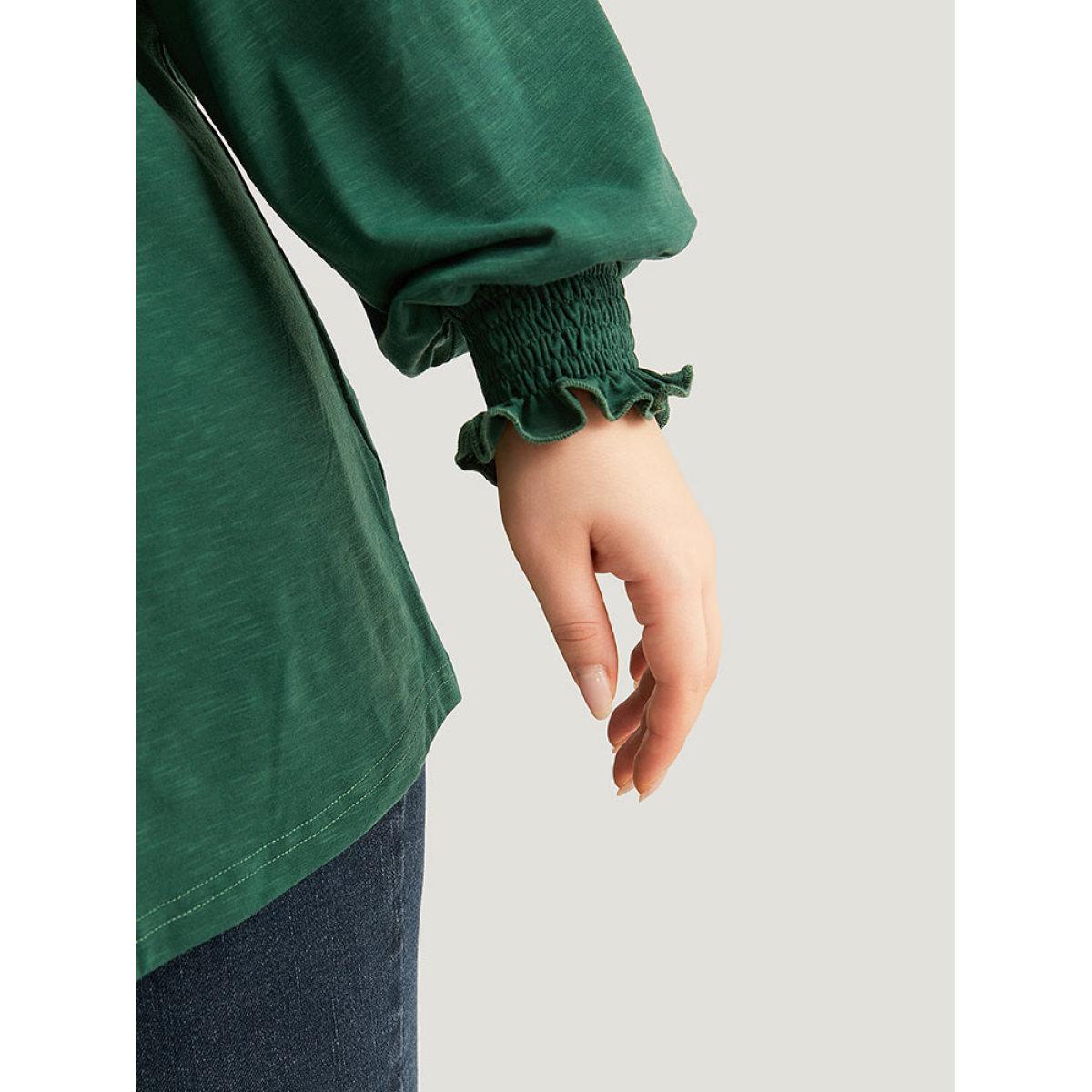 Plus Size Solid Frill Trim Shirred T-shirt DarkGreen Women Elegant Elastic cuffs Plain V-neck Dailywear T-shirts BloomChic 14-16/1X Product Image