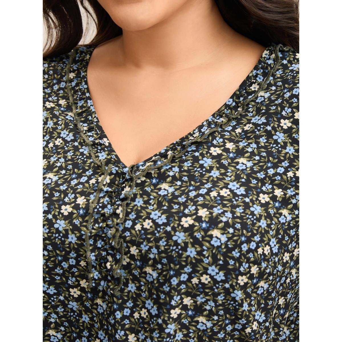Plus Size Multicolor Ditsy Floral Print Frill Trim Blouse Women Timeless Elbow-length sleeve V-neck Elegant Blouses BloomChic 22-24/3X Product Image