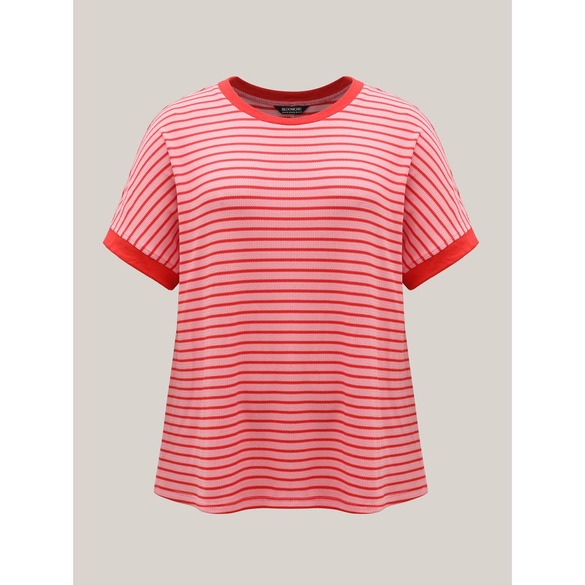 Plus Size Romantic Stripes Contrast T-Shirt Blush Women Playful Gathered Round Neck Loose Casual T-shirts BloomChic 10/M Product Image