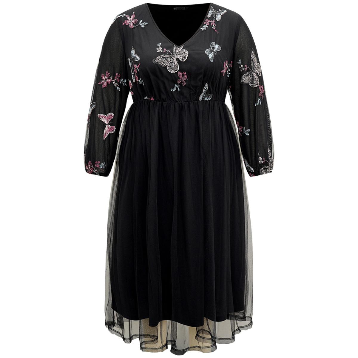 Plus Size Butterfly Embroidered Mesh Gathered Patchwork Dress Black Women Party Elastic cuffs V-neck Long Sleeve Curvy Midi Dress BloomChic 26/4X Product Image