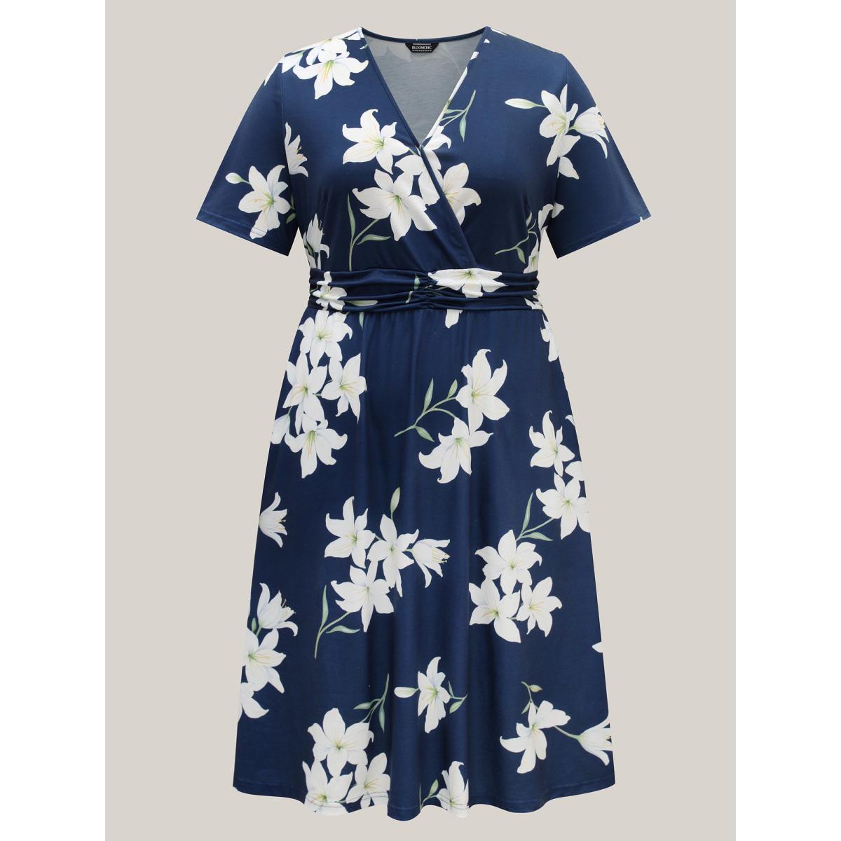 Plus Size Floral Surplice Neck Pleated Midi Dress Navy Women Casual Gathered Overlap Collar Short sleeve Curvy BloomChic 26/4X Product Image