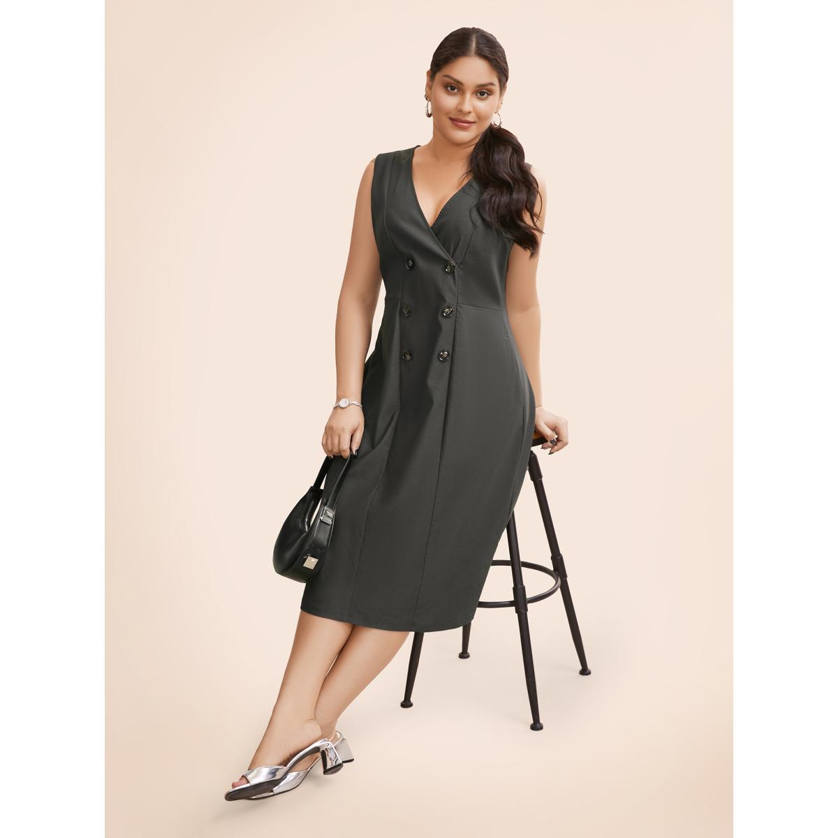 Plus Size Stretch Woven Double Breasted Wrap Dress DarkGray Women At the Office Button Overlap Collar Sleeveless Curvy BloomChic 14-16/1X Product Image