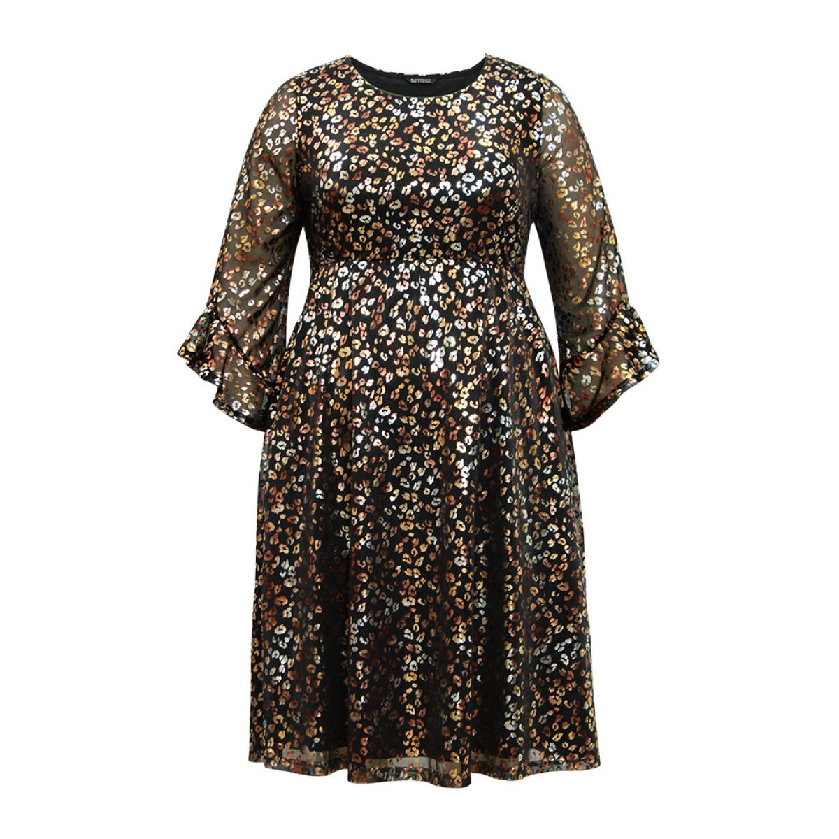 Plus Size Leopard Glitter Bell Sleeve Mesh Dress Black Women Party See through Round Neck Elbow-length sleeve Curvy Midi Dress BloomChic 26/4X Product Image