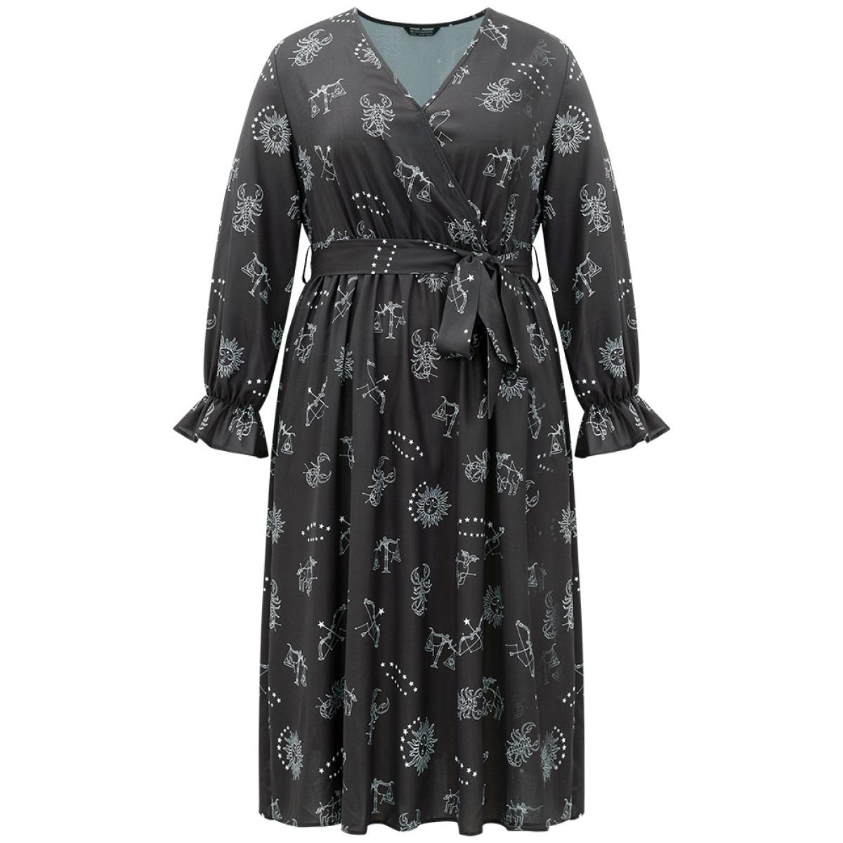 Plus Size Halloween Print Belted Pocket Wrap Split Hem Dress Black Women Elegant Elastic cuffs V-neck Long Sleeve Curvy Midi Dress BloomChic 10/M Product Image