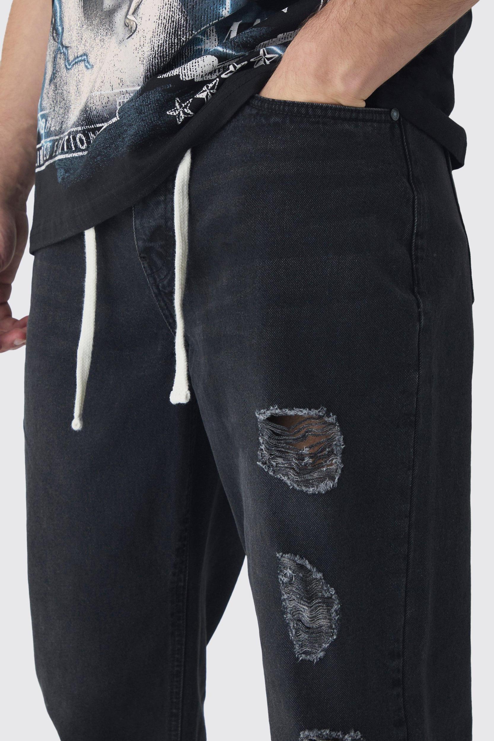 Tall Relaxed Ripped Let Down Hem Jeans With Extended Drawcords | boohooMAN USA Product Image