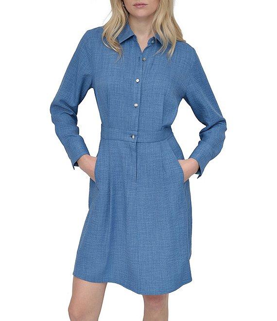 DKNY by Donna Karan Point Collar Long Sleeve Button Front Melange Washer Shirtdress Product Image