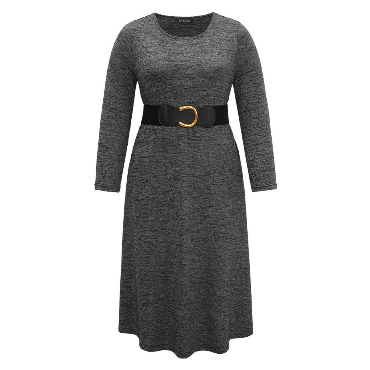 Plus Size Plain Heather Metal Buckle Detail Dress With Belt DimGray Women Casual Plain Round Neck Long Sleeve Curvy Midi Dress BloomChic 28/5X Product Image
