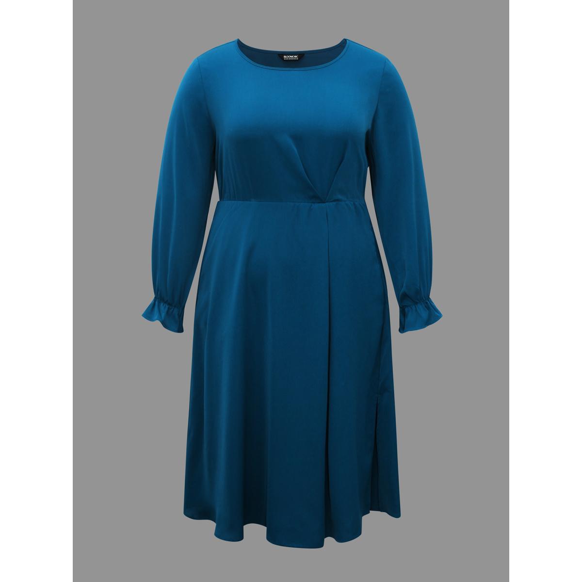 Plus Size Ruffle Cuff Elastic Waist Split Hem Dress Aegean Women At the Office Pleated Round Neck Long Sleeve Curvy BloomChic 18-20/2X Product Image