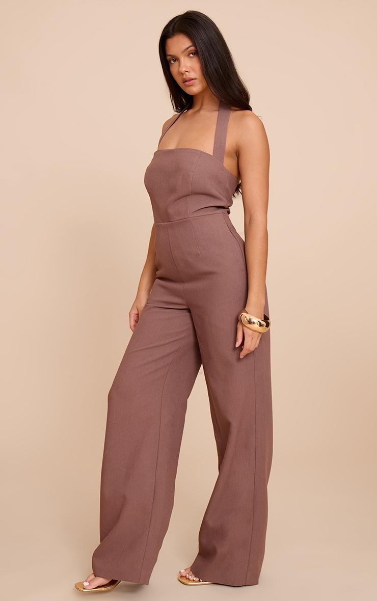 Chocolate Premium Woven Halter Neck Wide Leg Jumpsuit Product Image