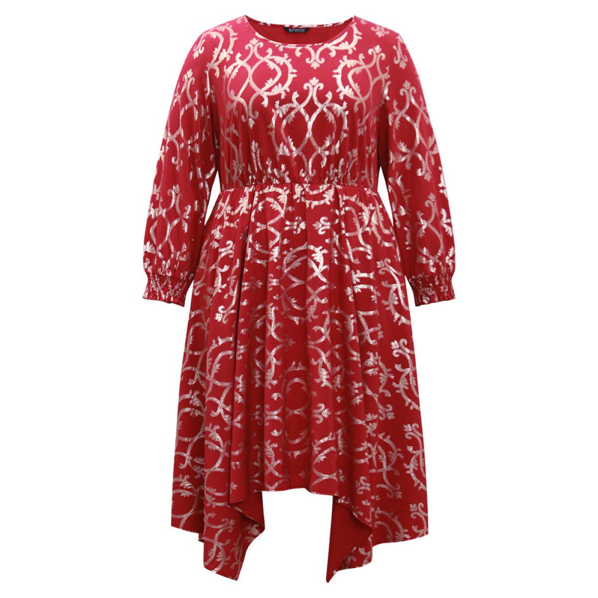 Plus Size Geometric Glitter Shirred Hanky Hem Dress Raspberry Women Party Printed Round Neck Long Sleeve Curvy Midi Dress BloomChic 10/M Product Image