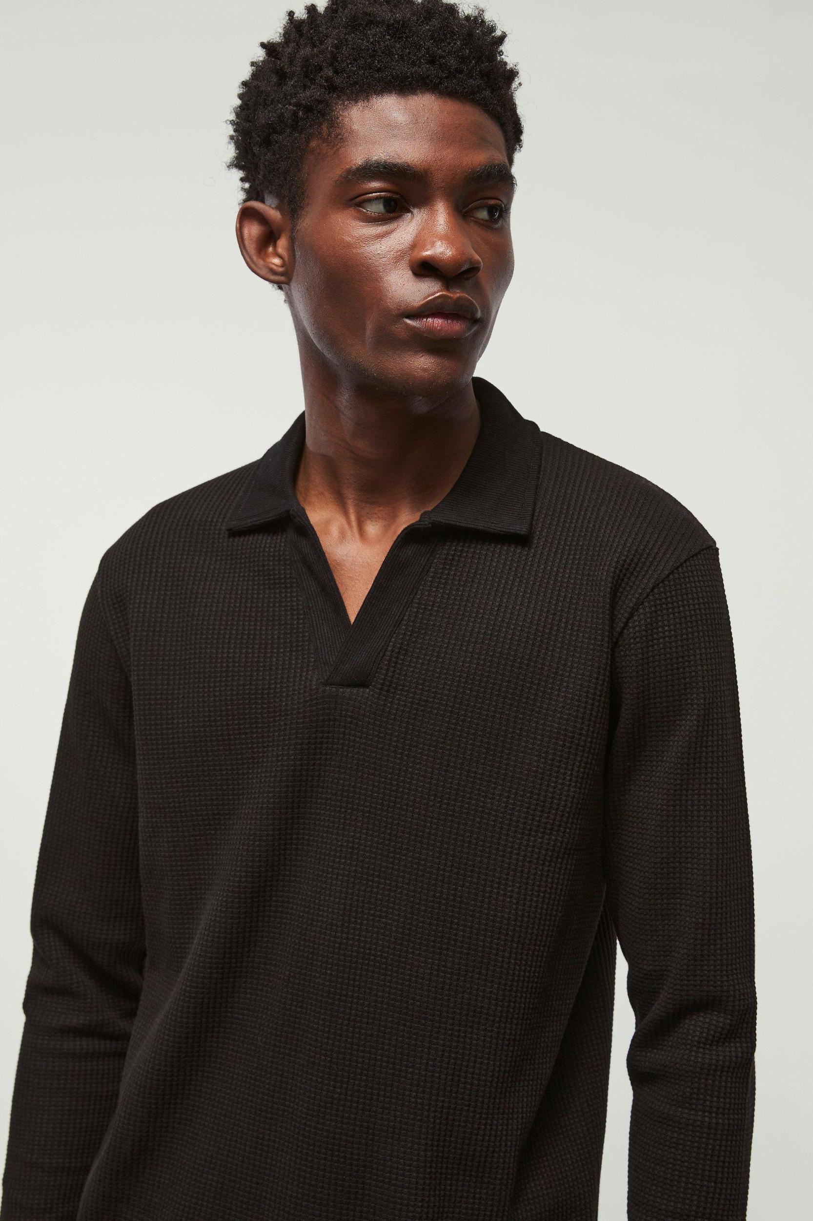 Regular Fit V Neck Long Sleeve Jacquard Polo | boohooMAN USA Product Image