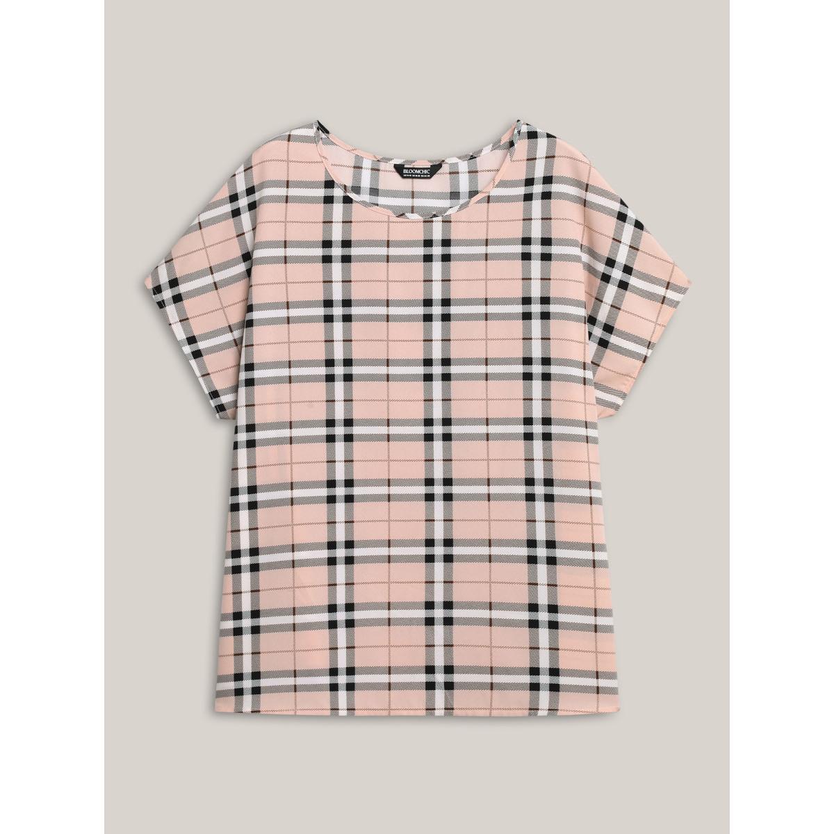 Plus Size MistyRose Plaid Pattern Round Neck Flared Shirt Women Short sleeve Round Neck Work Blouses BloomChic 18-20/2X Product Image