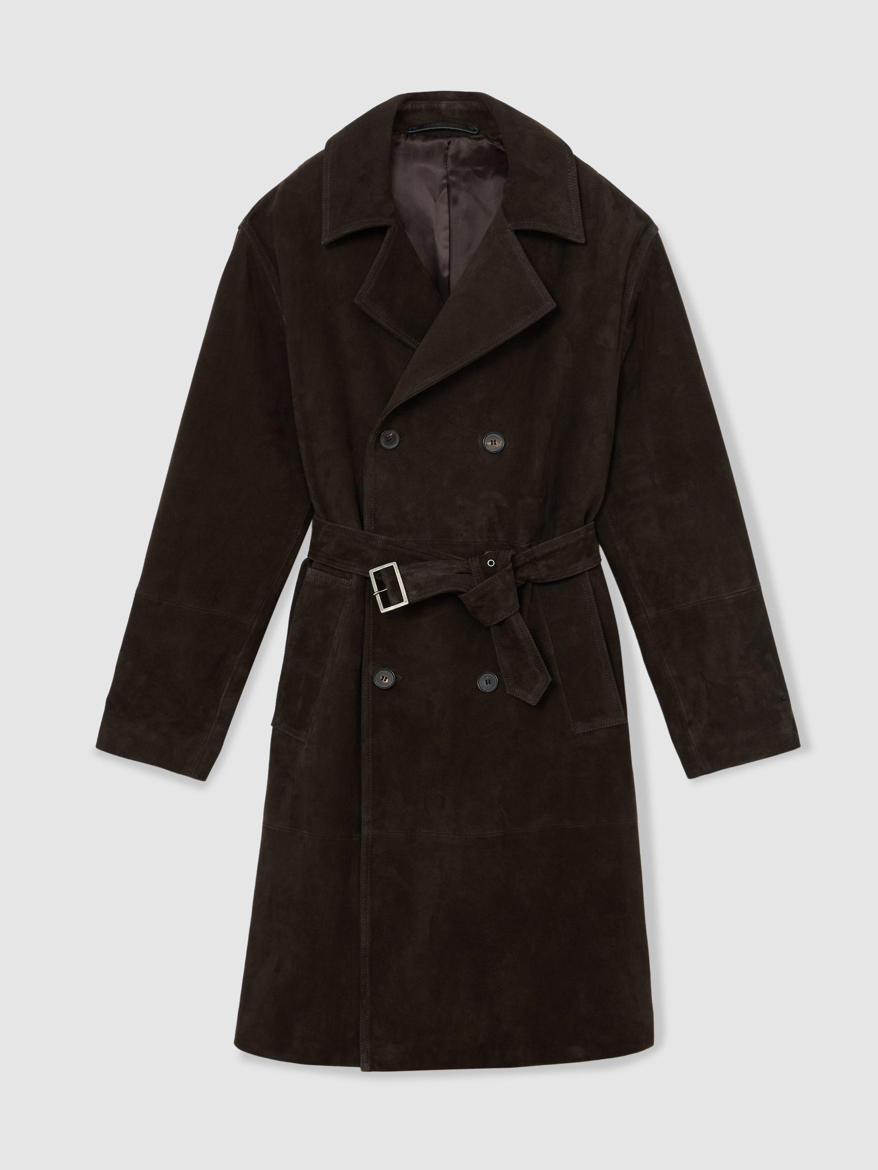Suede Double-Breasted Trench Coat in Chocolate Brown Product Image