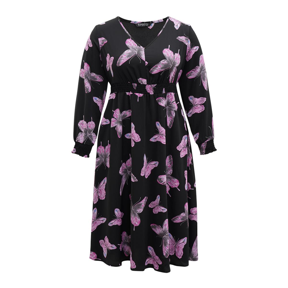 Plus Size Butterfly Print Pocket Shirred Cuffs Dress Black Women Elegant Printed V-neck Long Sleeve Curvy Midi Dress BloomChic 22-24/3X Product Image