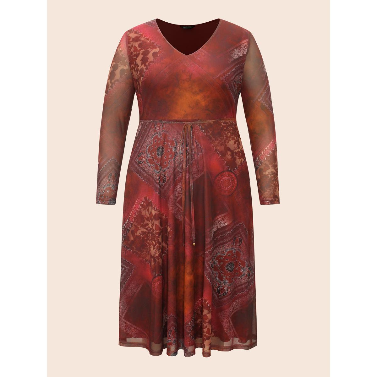 Plus Size Boho Print Belted Mesh Midi Dress Russet Women Elegant See through V-neck Long Sleeve Curvy BloomChic 14-16/1X Product Image