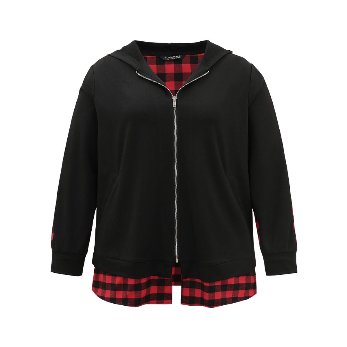Plus Size Plaid Patchwork Zipper Hooded Asymmetrical Hem Jacket Women Black Contrast Pocket Dailywear Jackets BloomChic 18-20/2X Product Image