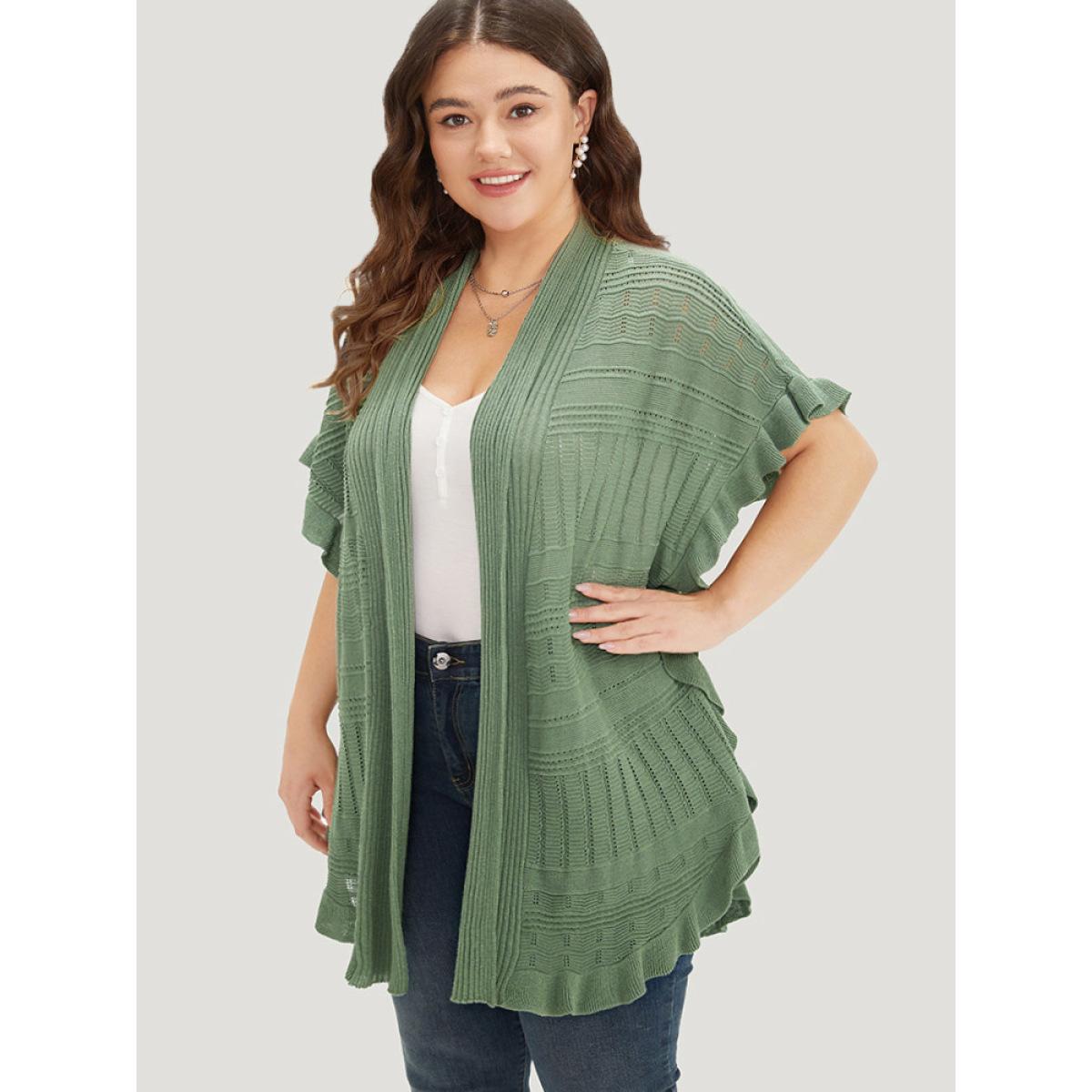 Plus Size Anti-Pilling Plain Ruffles Split Hem Dolman Sleeve Cardigan Green Women Casual Loose Short sleeve Everyday Cardigans BloomChic 30/6X Product Image