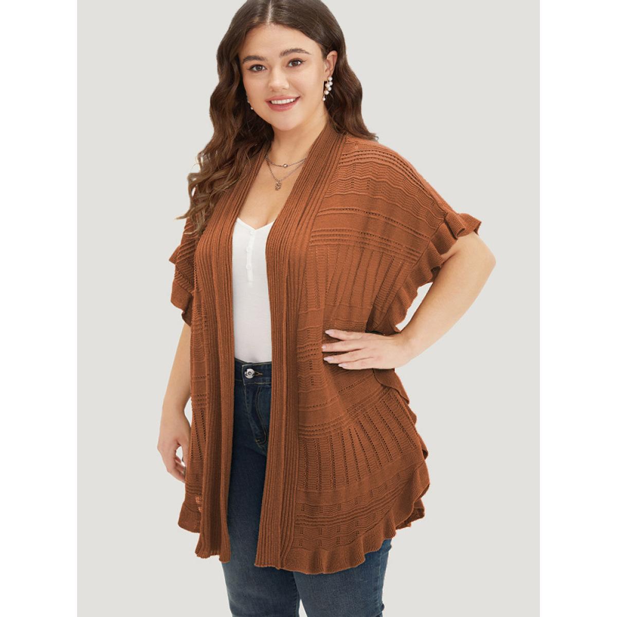 Plus Size Anti-Pilling Plain Ruffles Split Hem Dolman Sleeve Cardigan Rust Women Casual Loose Short sleeve Everyday Cardigans BloomChic 30/6X Product Image