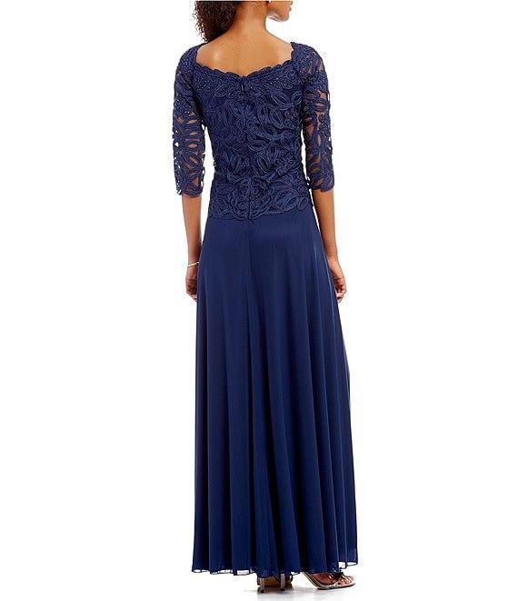 Soulmates Embroidered Floral Lace Bodice 3/4 Sleeve Square Neck Gown Product Image