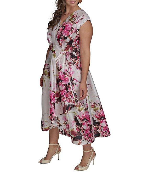 Donna Karan Plus Size Floral Dupioni V-Neck Cap Sleeve Tie Sash Midi Wrap Dress Product Image