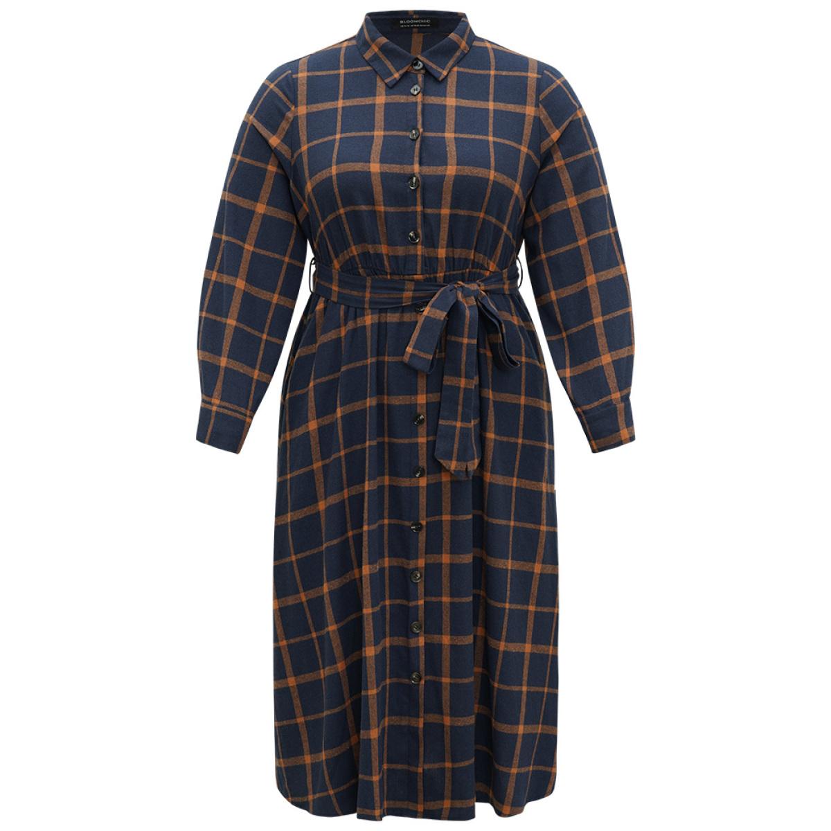 Plus Size Plaid Shirt Collar Button Fly Belted Dress Navy Women Office Belted Shirt collar Long Sleeve Curvy Midi Dress BloomChic 22-24/3X Product Image