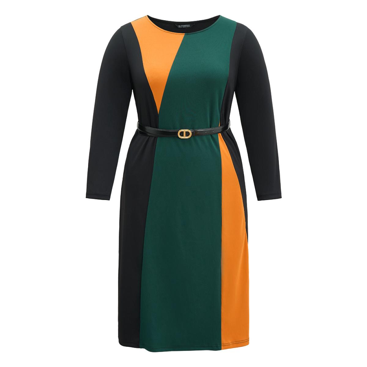 Plus Size Contrast Colorblock Pocket Long Sleeve Dress Green Women At the Office Belted Round Neck Long Sleeve Curvy Midi Dress BloomChic 22-24/3X Product Image