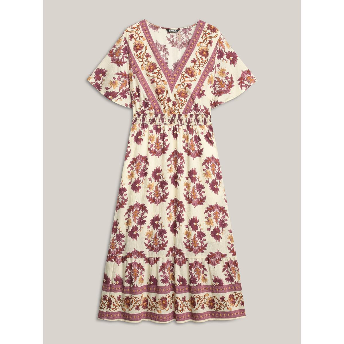 Plus Size Rayon Floral Print Stretchy Waist Midi Dress Deeppurplered Women V-neck Short sleeve Curvy BloomChic 12/L Product Image