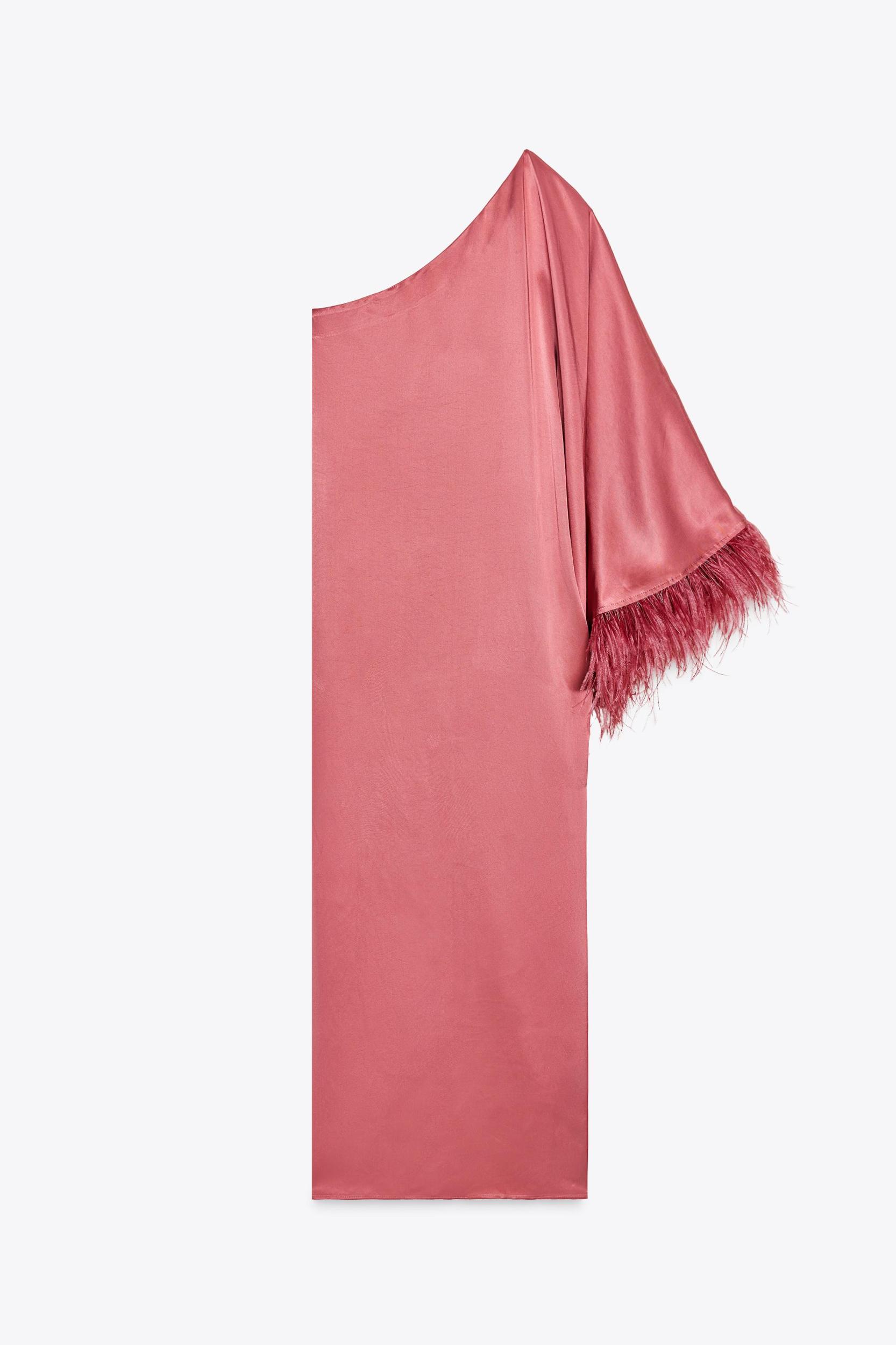 FEATHERED SATIN LONG DRESS Product Image