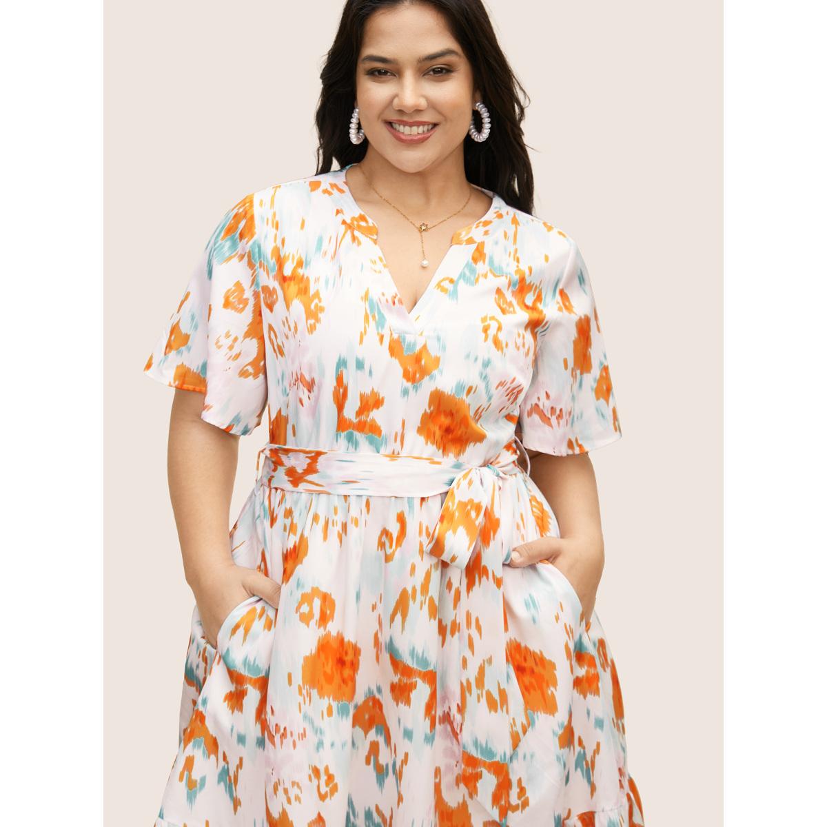 Plus Size Notched Collar Colorblock Contrast Midi Dress Ivory Women Elegant Belted Notched collar Short sleeve Curvy BloomChic 12/L Product Image