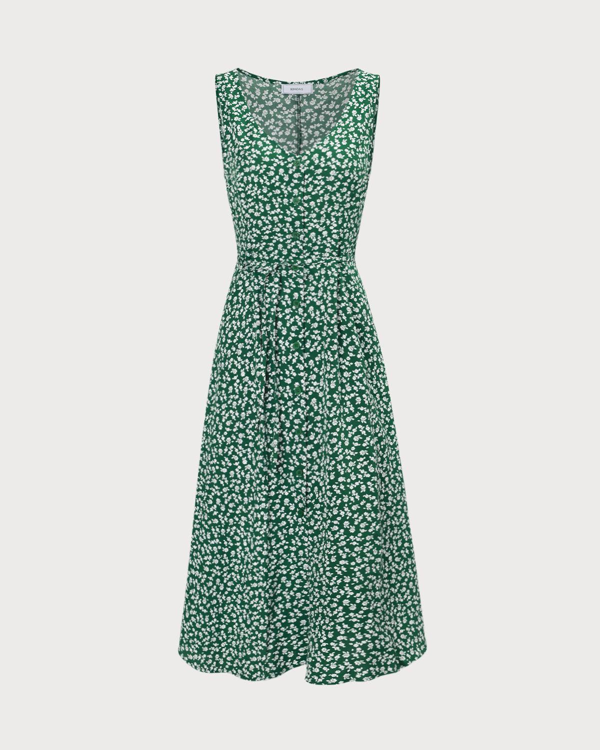 The Green V Neck Floral Button Midi Dress Product Image