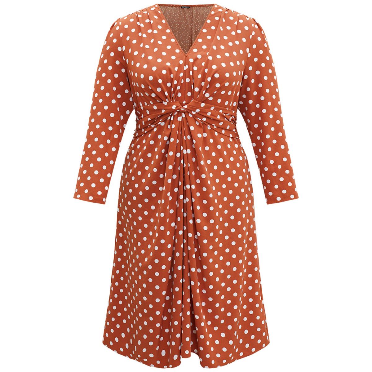 Plus Size Polka Dot Pocket V Neck Twist Front Ties Dress Salmon Women Elegant Cross straps V-neck Long Sleeve Curvy Midi Dress BloomChic 28/5X Product Image