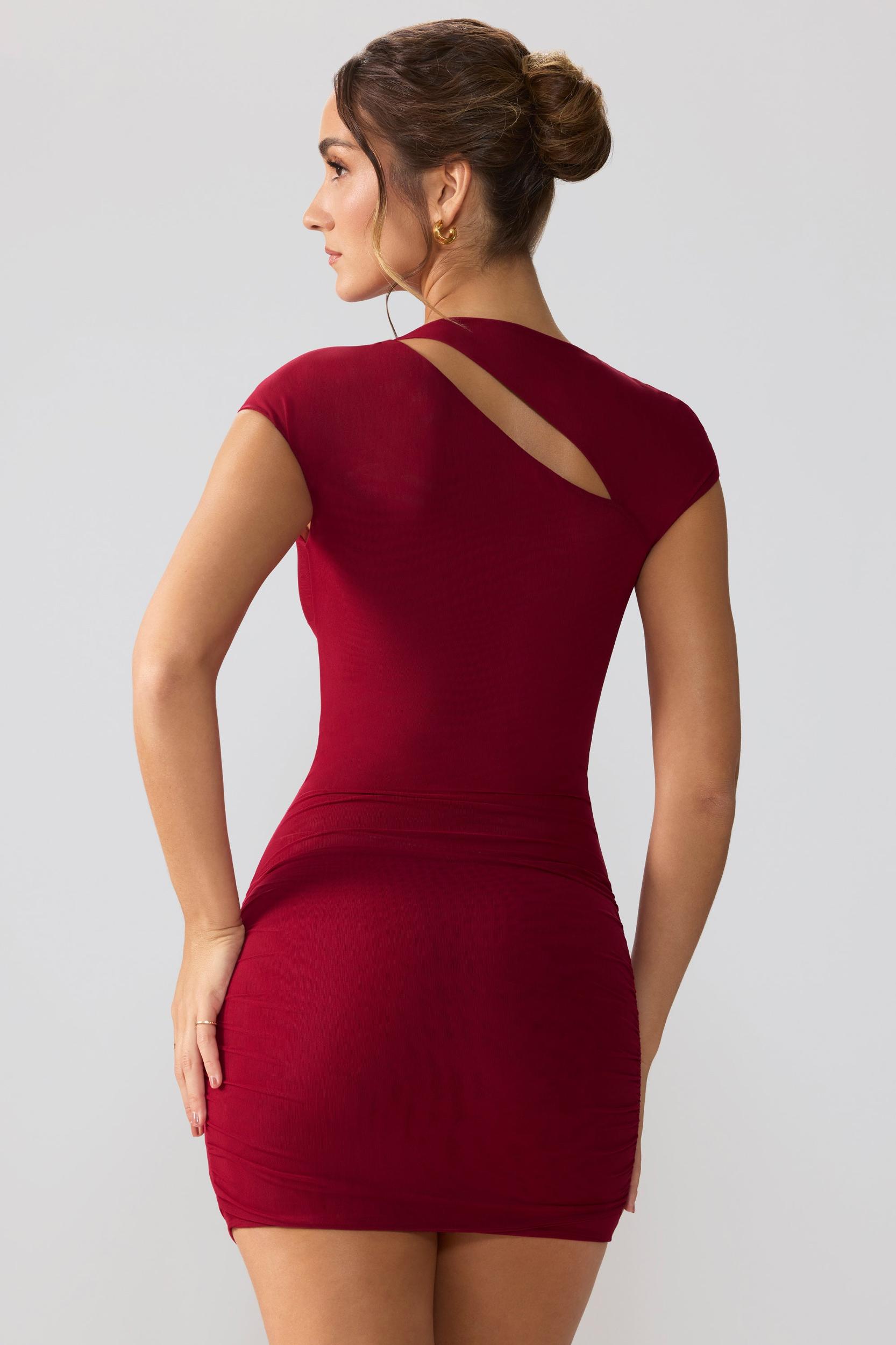 Mesh Cap Sleeve Cut Out Mini Dress in Ruby Product Image