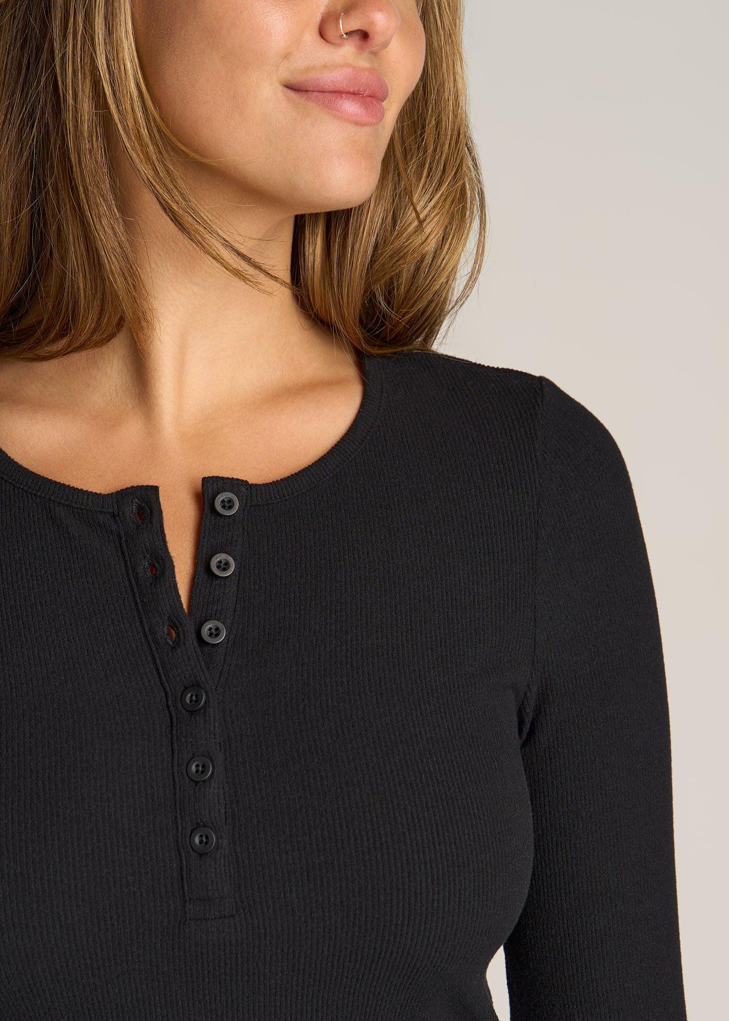 Long Sleeve Ribbed Crewneck Henley Shirt for Tall Women in Black Female Product Image