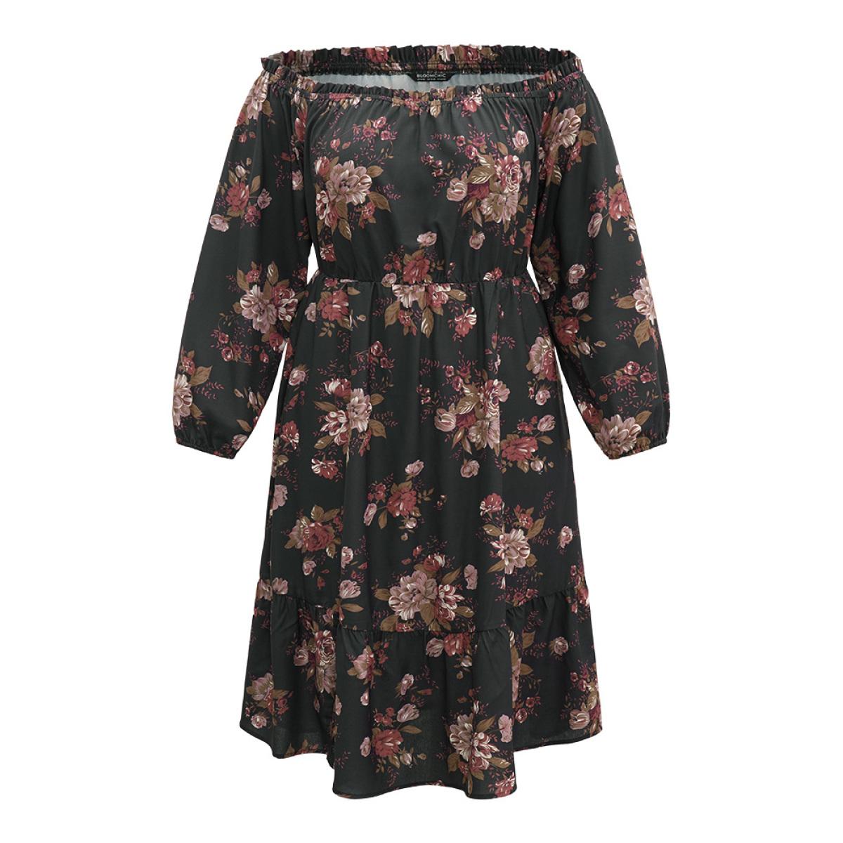 Plus Size Off Shoulder Floral Frill Trim Lantern Sleeve Dress Black Women Elegant Elastic cuffs One-shoulder neck Long Sleeve Curvy Midi Dress BloomChic 28/5X Product Image