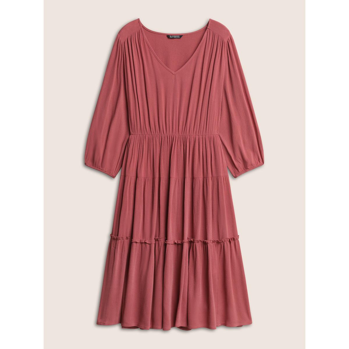 Plus Size Solid Frill Trim Crinkled Ruffle Layered Hem Dress Russet Women Casual Non V-neck Elbow-length sleeve Curvy Midi Dress BloomChic 10/M Product Image