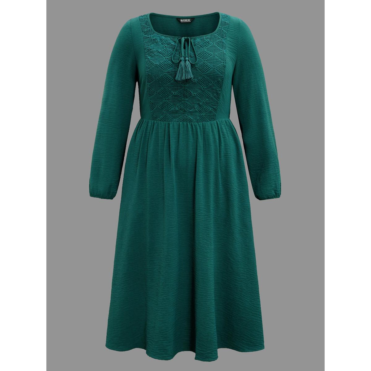 Plus Size Lace Neck Detail Tassels Midi Dress DarkGreen Women Resort Tie knot Square Neck Long Sleeve Curvy BloomChic 14-16/1X Product Image