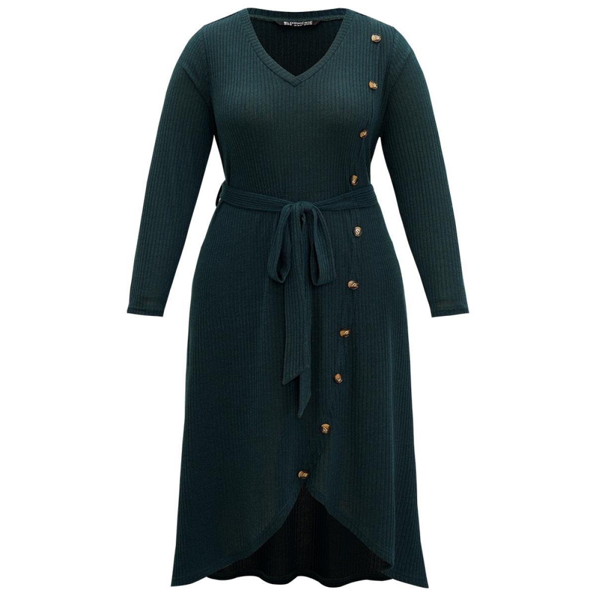 Plus Size Rib Knit Button Detail Belted Wrap Hem Dress Cyan Women Casual Texture V-neck Long Sleeve Curvy Midi Dress BloomChic 14-16/1X Product Image