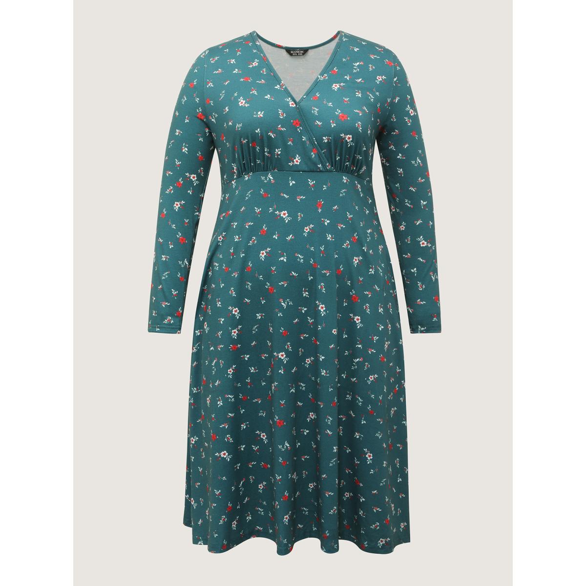 Plus Size Ditsy Floral Print High Waist Midi Dress DarkGreen Women Leisure V-neck Long Sleeve Curvy BloomChic 14-16/1X Product Image